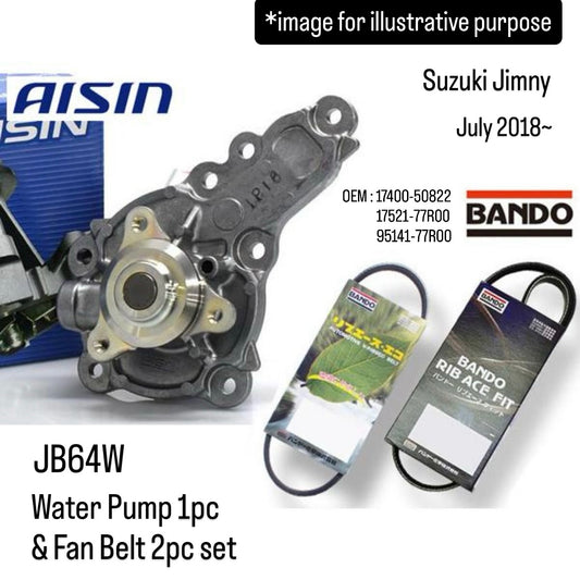 JB64W Water Pump (AISIN) & Fan Belt 2pc Set (BANDO) for Suzuki Jimny (July 2018~) (OEM:17400-50822/17521-77R00/95141-77R00)