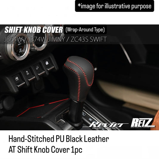JB64W/JB74W/JC74W/ZC43S Series Hand-Stitched PU Black Leather AT Shift Knob Cover with Red Stitching for Suzuki Jimny / Swift