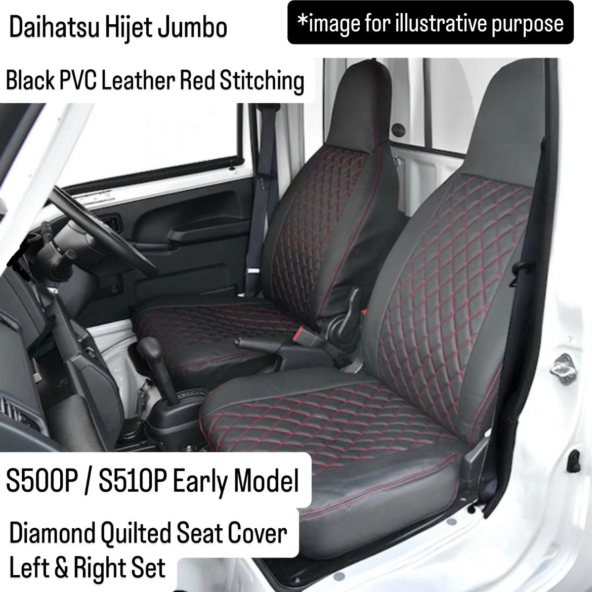 S500P/S510P Early Model Diamond Quilted Seat Cover Left & Right Set for Daihatsu Hijet Jumbo (Black PVC Leather Red Stitching)