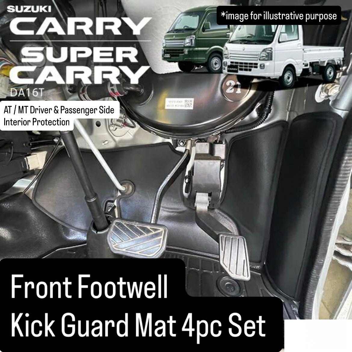 DA16T Front Footwell Kick Guard Mat 4pc Set for Suzuki Carry / Super Carry (AT/MT Compatible, Driver & Passenger Side Interior Protection Accessories 3Colors)