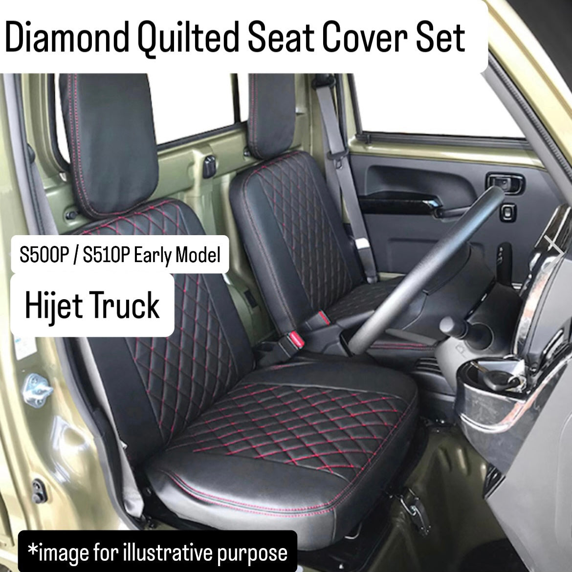 S500P/S510P Early Model Diamond Quilted Seat Cover Set for Daihatsu Hijet Truck (Black PVC Leather with Red Stitching, Left & Right Set)