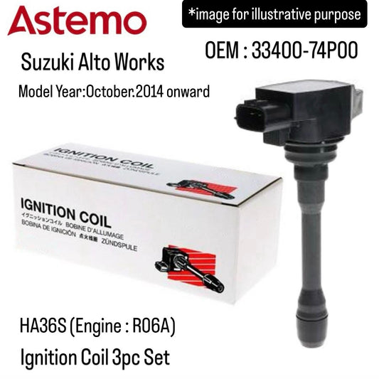 HA36S(Engine:R06A) Ignition Coil 3pc Set (Astemo) for Suzuki Alto Works (Model Year:October 2014 onward) (OEM:33400-74P00)