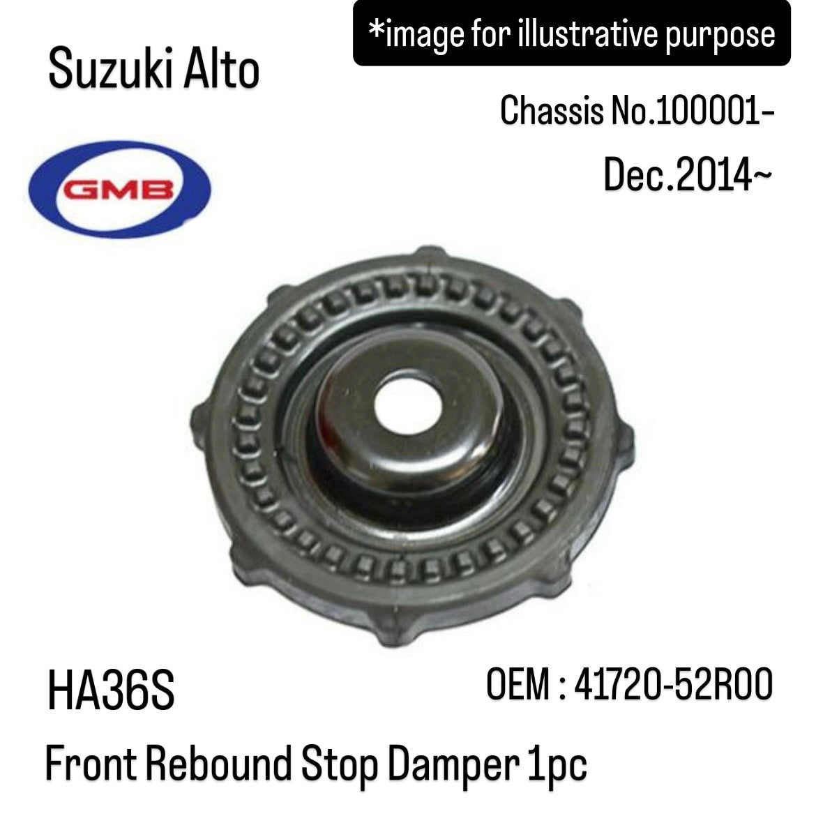 HA36S Front Rebound Stop Damper (GMB) for Suzuki Alto (Dec.2014~, Chassis No.100001–, Left & Right Common) (OEM:41720-52R00)