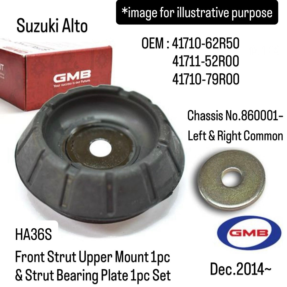 HA36S Front Strut Upper Mount & Strut Bearing Plate Set (GMB) for Suzuki Alto (Dec.2014~, Chassis No.860001–, Left & Right Common) (OEM:41710-62R50/41711-52R00/41710-79R00)